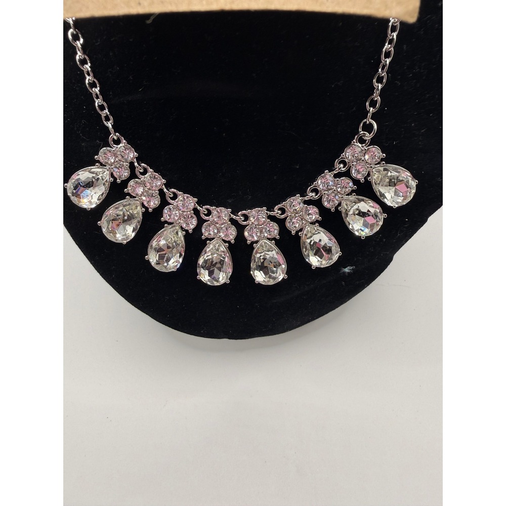 Silver Tone Pink and Clear Crystal Teardrop Statement Necklace and Earring Set